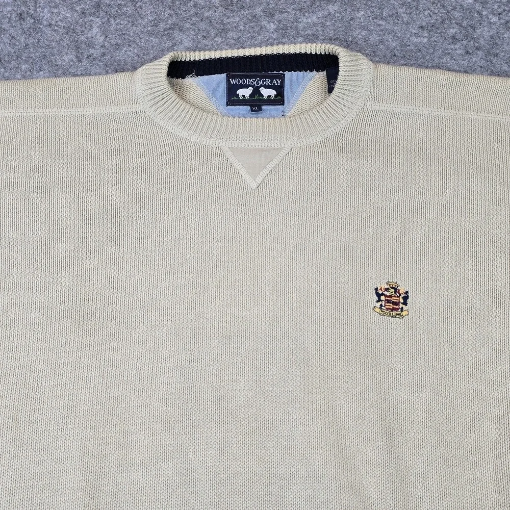 Woods & Gray Sweater Mens Extra Large Beige Crest Embroidered Cotton Pullover XL - Picture 3 of 16